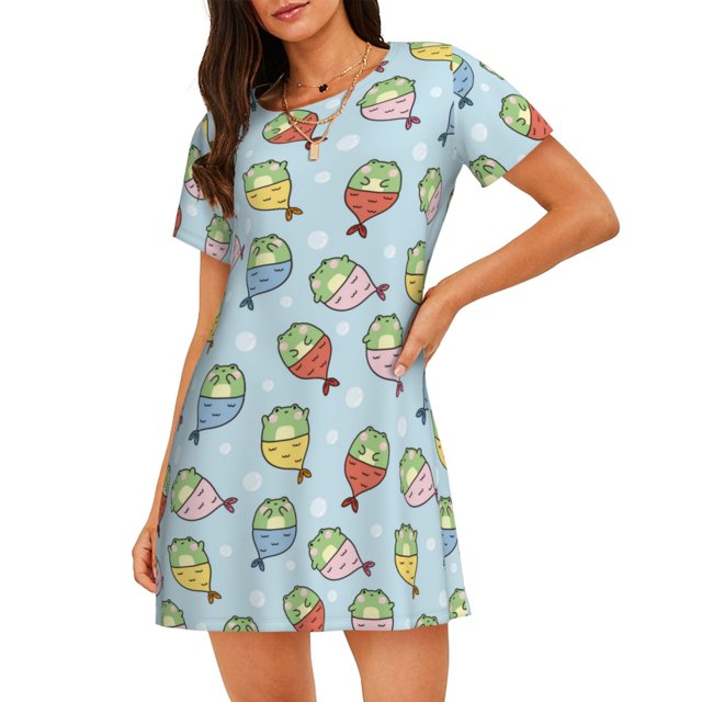Fotbe Frog In Mermaid Bata de Dormir para Mujer con Estampado, Camisón de Algodón de Manga Corta, Ropa de Dormir Casual
