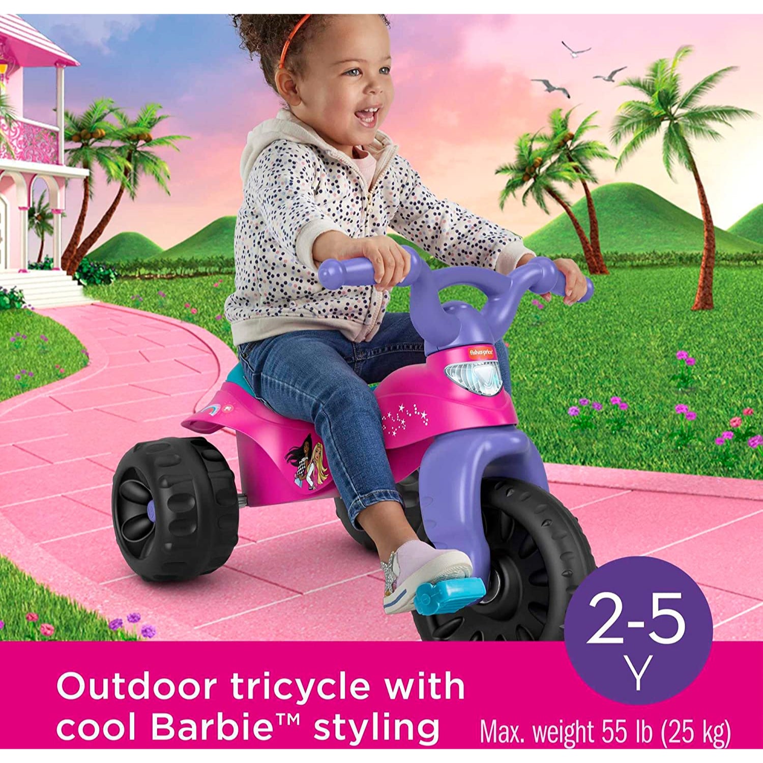 Fisher-Price Toddler Tricycle Barbie Tough Trike, Toy Bike with Handlebar Grips & Storage for Outdoor Play Kids Ages 2+ Years
