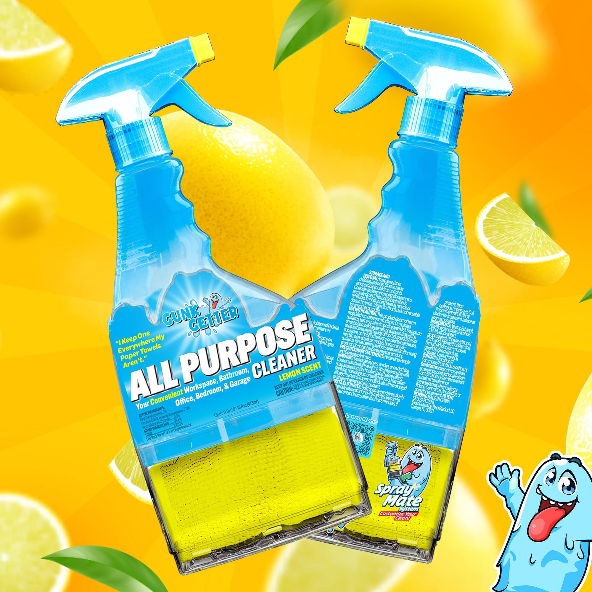 Gunk Getter - Spray Bottle with Microfiber Cap - All Purpose Cleaner 16 fl oz - Lemon Scent