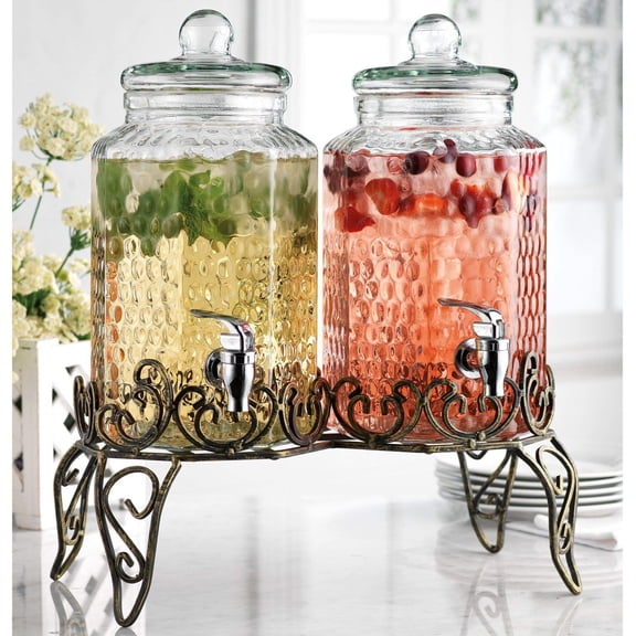 Drink Dispenser Set of 2 - Beverage Dispenser with Stand - Glass Drink Dispensers for Lemonade, Juice, Water, Iced Tea, Punch - 1-Gallon Countertop Party Drink Dispensers with Large Opening