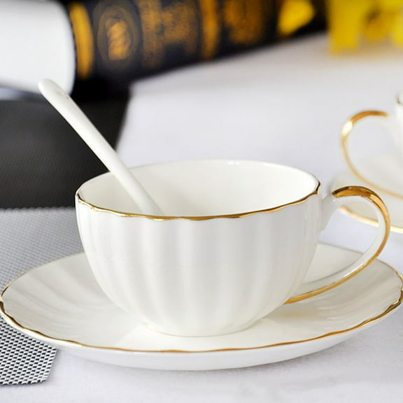 Topbathy 1Set Bone Porcelain Coffee Cup with Saucer Set White for Home Use
