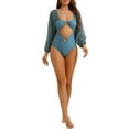 thumbnail image 2 of Bikini de una pieza con escote en V, mangas largas, malla y control de abdomen, color gris, talla X-Large, 2 of 5