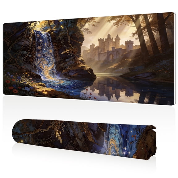 LIVEKEY Fantasy Castle Waterfall Mouse Pad 80x40x0.3cm Extra Large Full Desk Coverage Non Slip Surface Durable Easy Clean Stitched Edges for Gaming and Office Use