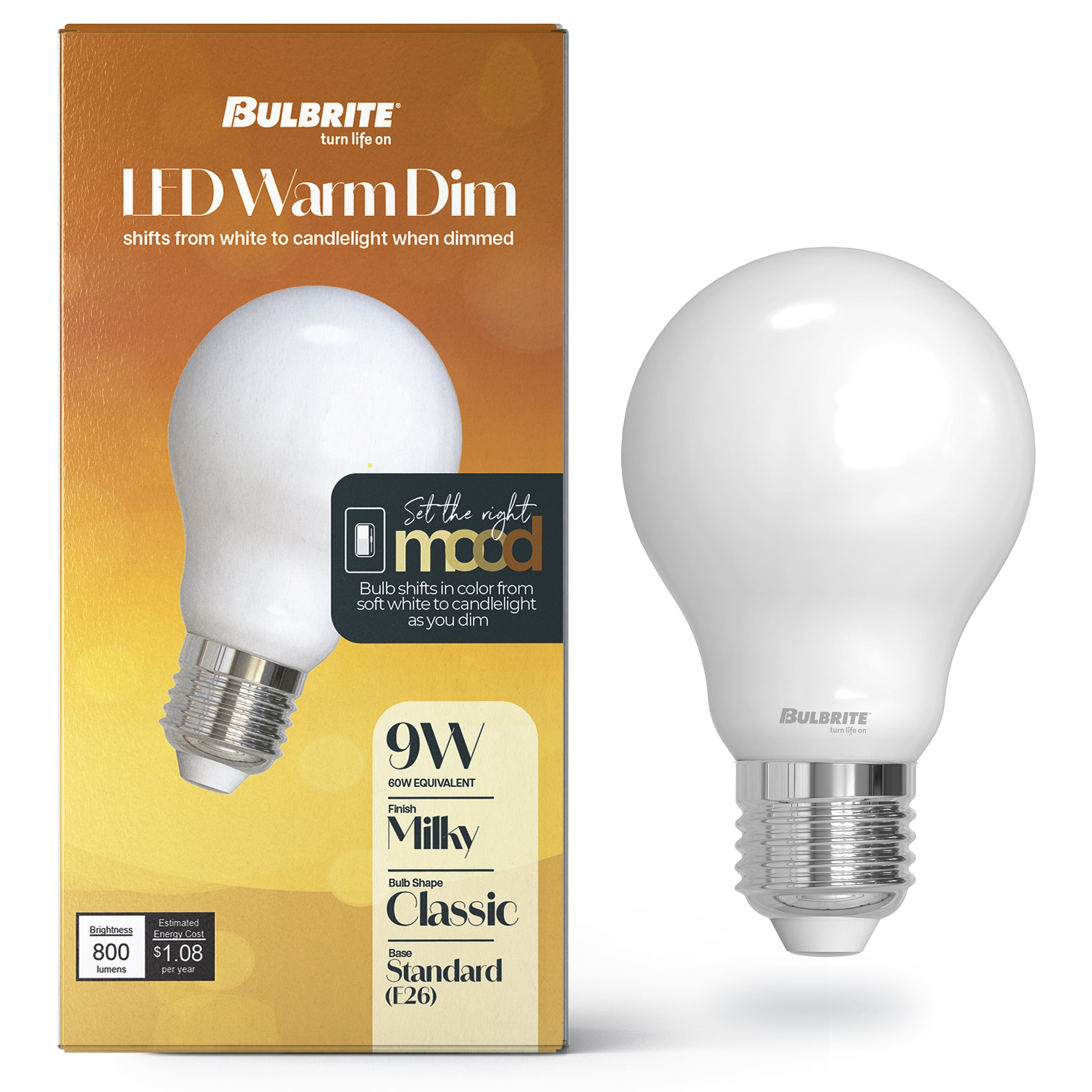 Bulbrite 9 Watt LED A19 Light Bulbs, Warm Dimming 3000K (Soft White) - 1800K (Candlelight), 800 Lumens, (2 Pack)