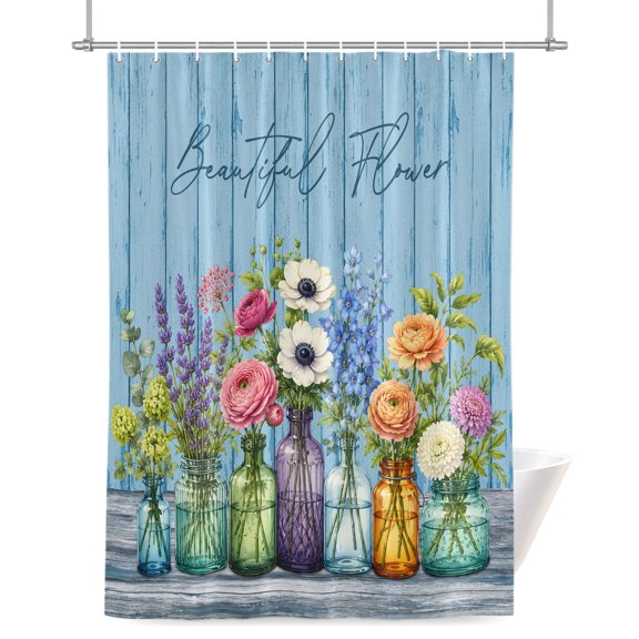 Beautiful Flower Shower Curtain 36" x 72", Country Pastoral Colorful Floral Blue Wood Grain Waterproof Bathroom Curtain Hotel Luxury Washable Shower Curtain Set with 12 Hooks