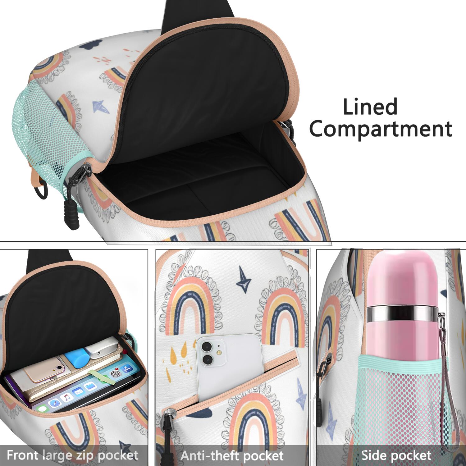 Chest Bag Crossbody Shoulder Bag Adjustable Shoulder StrapCrossbody Sling Bag for Men Women Travelers Rainbow Cartoon