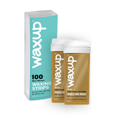 Waxup Gold Roll On Wax Cartridges, 2-Pack (3.88 oz each) with 100 Non-Woven Waxing Strips – Soft Wax for All Skin Types