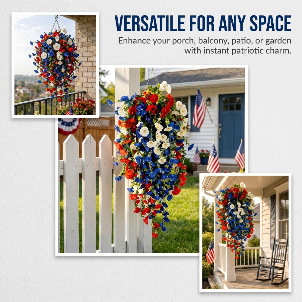 4th of July Decoration Tricolor Patriotic Artificial Flower, red White and Blue Artificial Flowers, for Outdoor Decor, Patio, Garden
