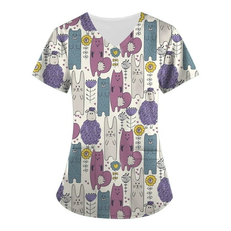 

Ozmmyan Womens Tops Scrubs for Women Short Sleeve V-neck Scrubs Tops Working Uniform Printed with Two Pockets Blouse Nursing Uniform Saving Clearance