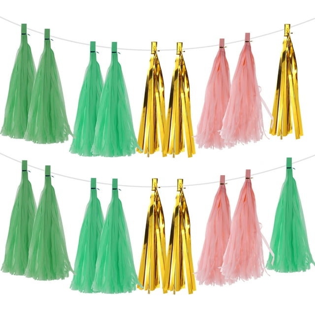 Unique Bargains 20Pcs Light Green,Gold,Dark Green,Light Pink Tassel Garland Banner w Rope for Wedding Birthday Party Decoration
