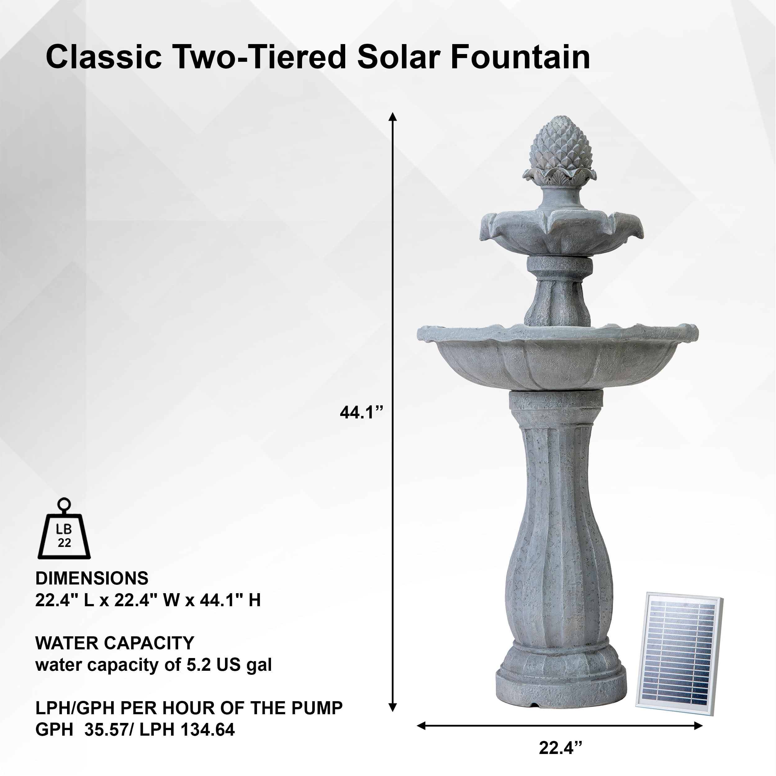 XBrand 44" H White Fiberglass/Resin 2-Tier Solar Water Fountain w/ Solar Panel and Auto-Shut Off Pump, Solar Garden Fountain, Tall Outdoor Fountain, Two Tiered Birdbath Fountain