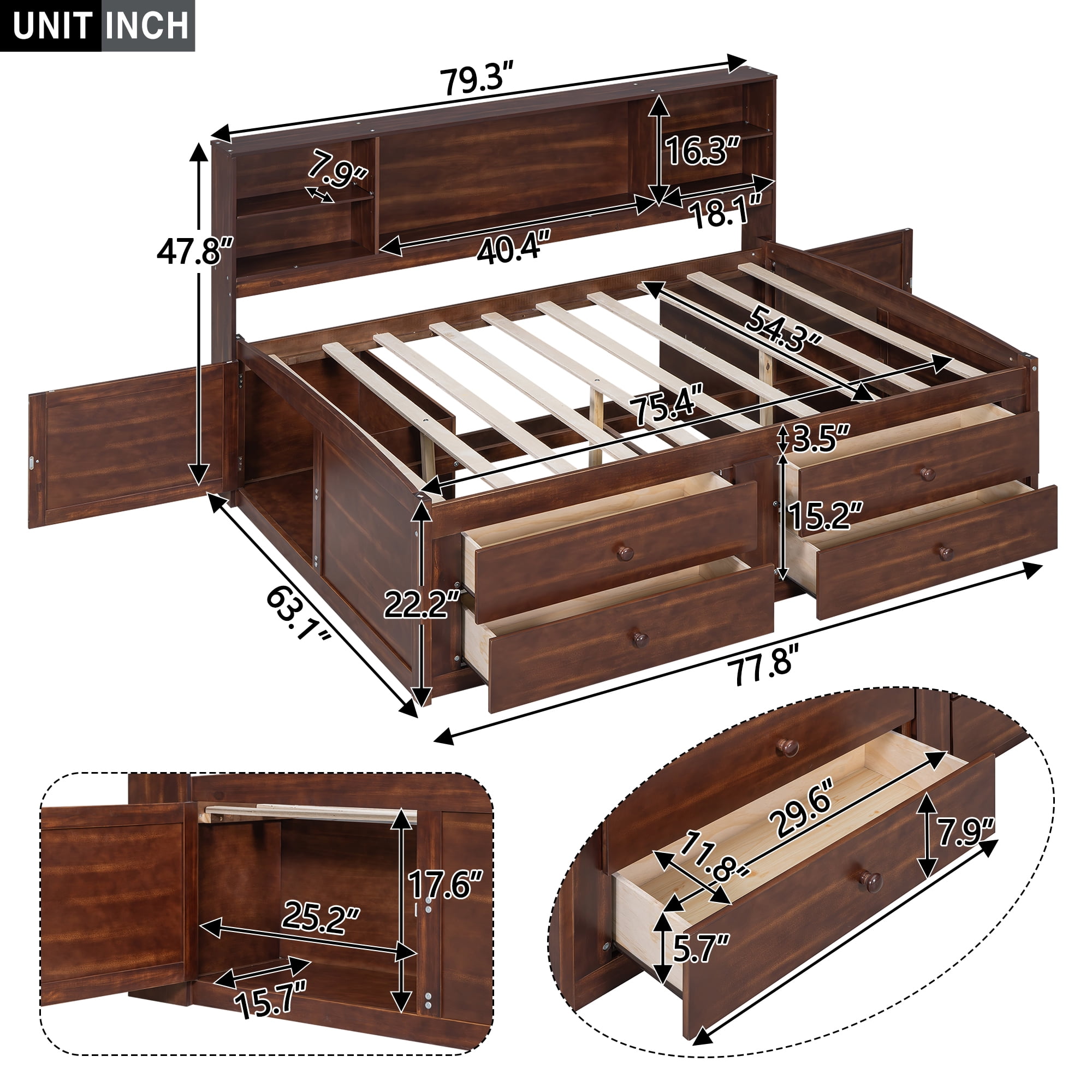 MAYEERTY Full Size Wooden Captain Bed with Built-in Storage Shelves, 4 Drawers and 2 Cabinets, Antique Brown