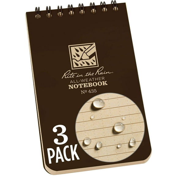 Rite in the Rain Weatherproof Top Spiral Notebook, 3" x 5", Brown Cover, Universal Pattern, 3 Pack (No. 435-3X)