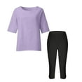 thumbnail image 4 of purcolt Women Cotton Linen 2 Piece Outfits 3/4 Sleeve Top High Waist Capri Leggings Suits Casual Loose Matching Sets, 4 of 5