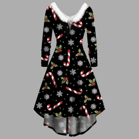 

Simplmasygenix Christmas Women Vintage Dresses Casual Long Sleeve Swing Dress Classic Party Dress Clearance Women Printed Furry V-Neck Draw Back
