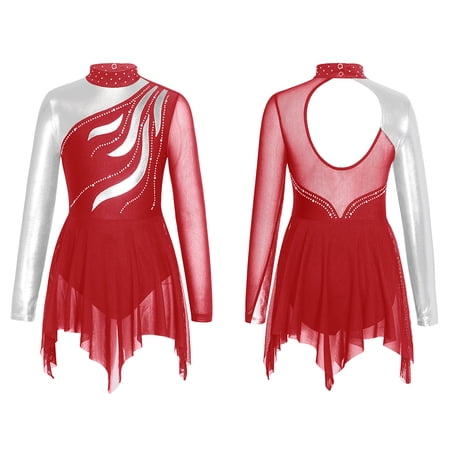 inlzdz Kids Girls Sparkle Metallic Figure Skating Competiton Dress Mesh Long Sleeve Irregular Hem Burgundy 16