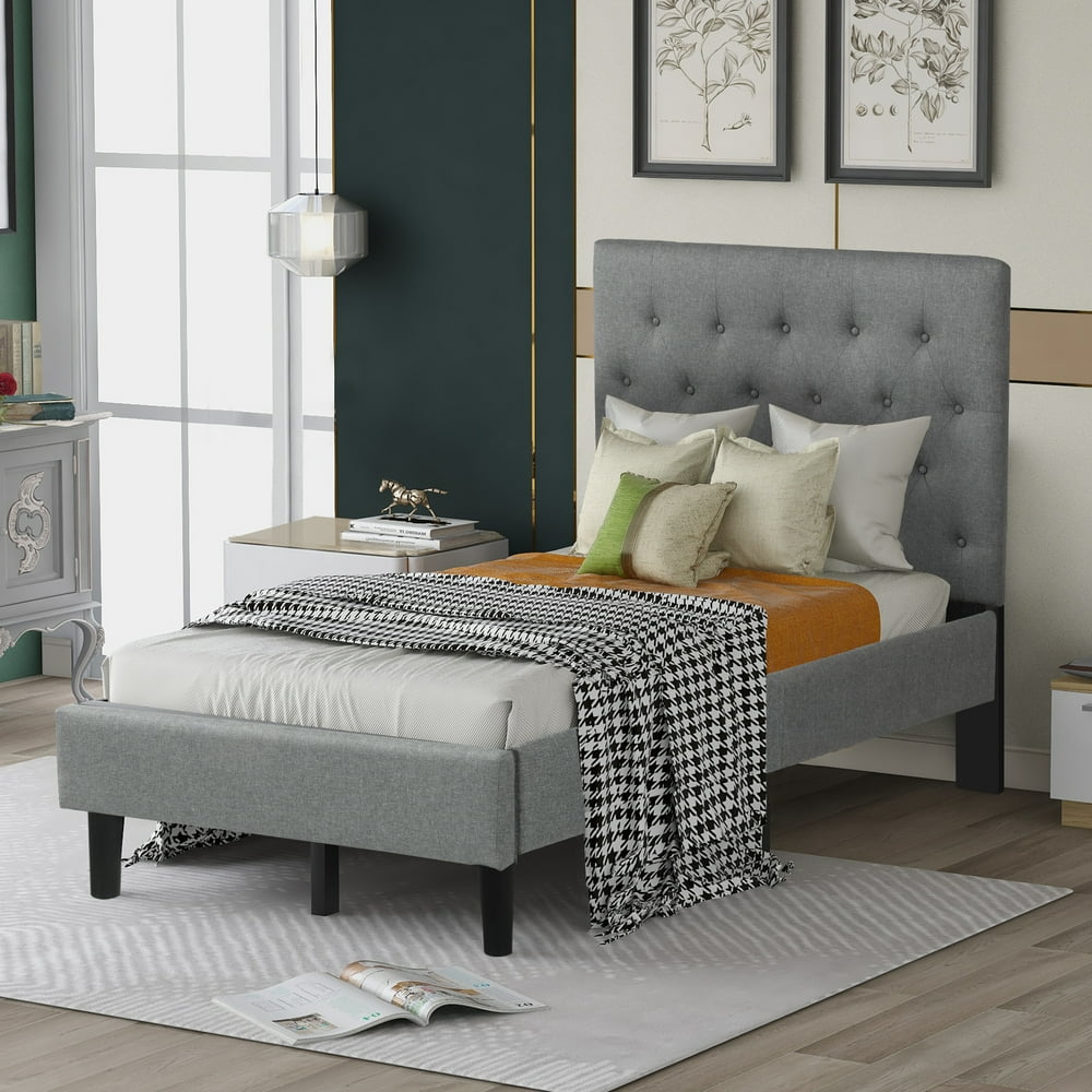 Upholstered Platform Bed Frame, Wooden Twin Bed Frames with Headboard