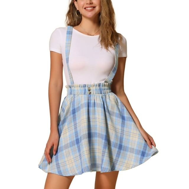 Falda de mujer Inspire Chic de cuadros, plisada, tartán, con tirantes, cintura elástica, mini falda XS azul claro