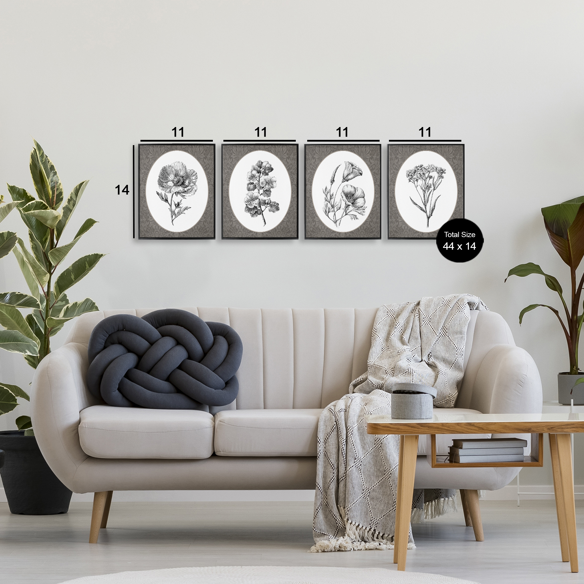Ornate Blooms over Damask 4 Piece Black Framed Giclee Art Set, design by Lettered and Lined