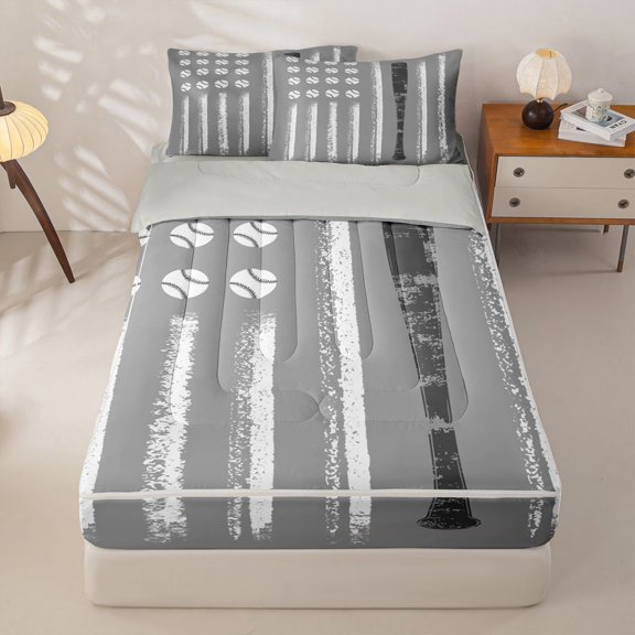 Homewish Kids Baseball Zipper Twin Comforter Sets with Fitted Sheet and 2 Pillowcases, Ball Sport Lover Zipper Bedding Set, Gray Reversible, 4pcs