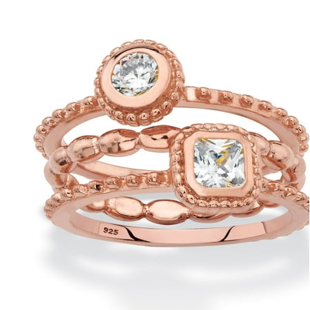 - Round and Square Cubic Zirconia 3-Piece Stackable Ring Set .62 TCW in Rose Gold over Sterling Silver