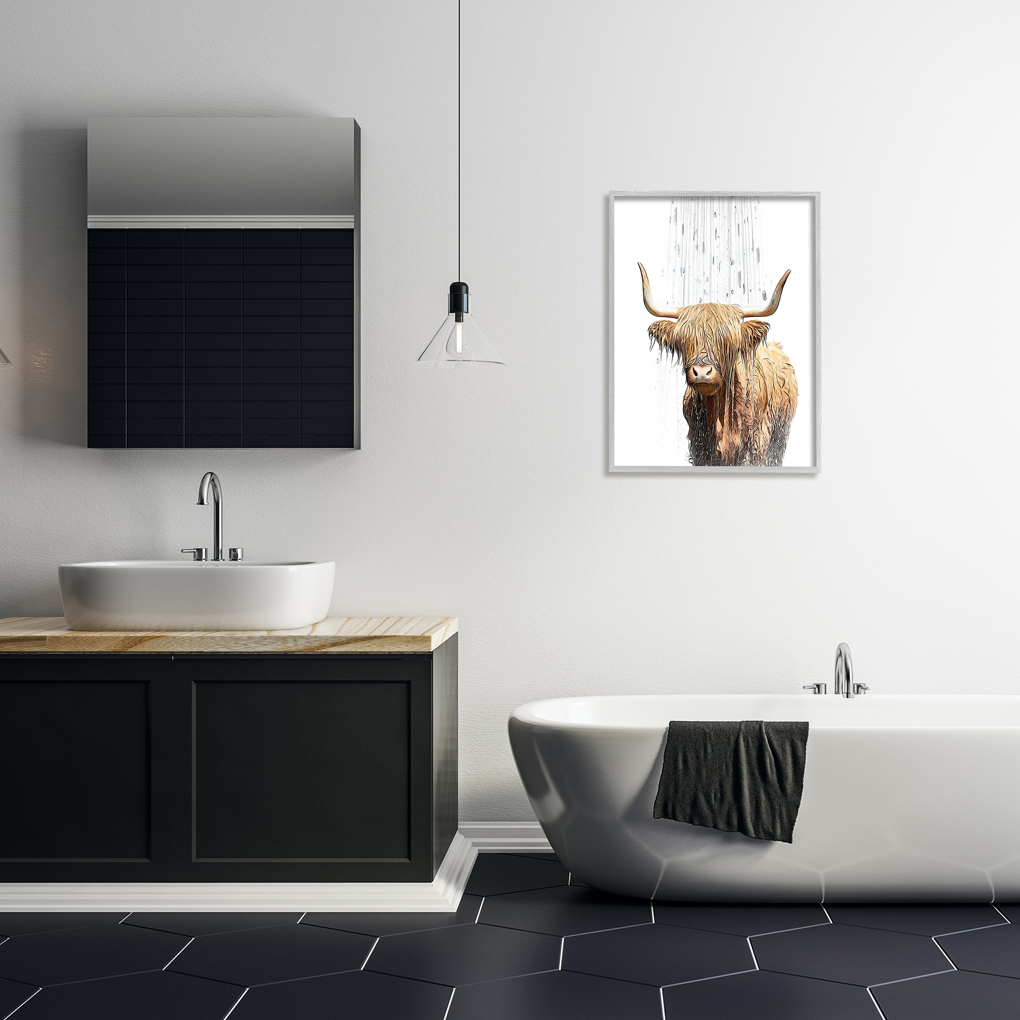 Stupell Industries Highland Cow Bathroom Splash Animals & Insects Painting Gray Framed Art Print Wall Art, 24 x 30
