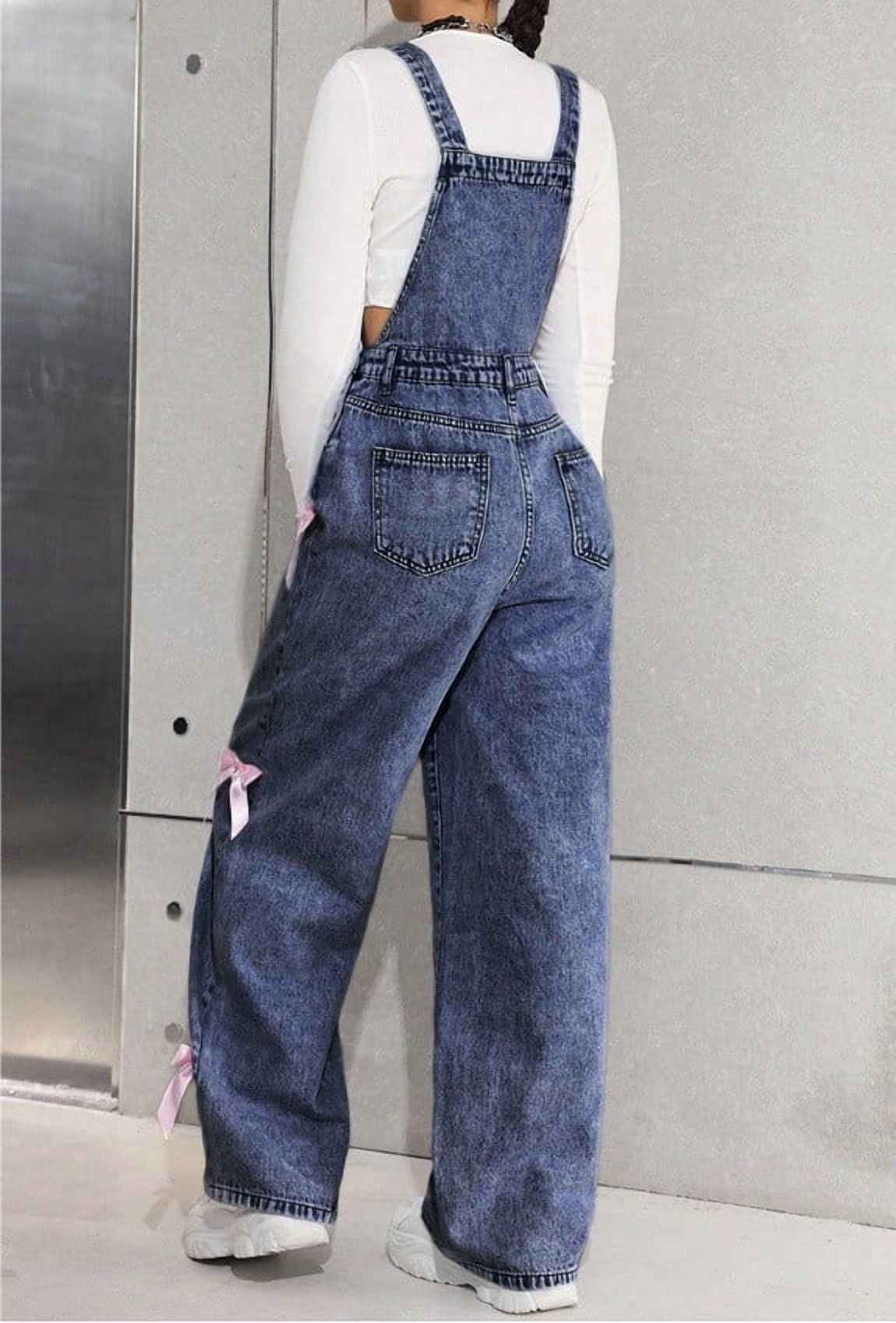 Wdgfv Girls Denim Overalls Wide Leg Jumpsuit Snowflake Washed Casual Fashion Bow Design Comfortable Stretchable Durable Soft Fabric Outfit Dark Blue 10-11Years
