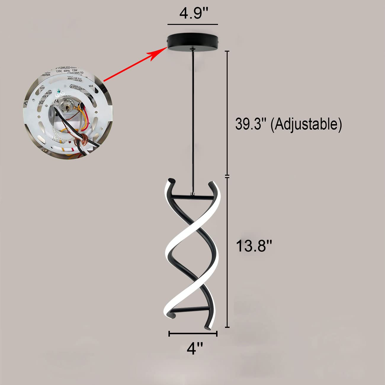 ADISUN Led Pendant Light Spiral Ceiling Lights Fixture Modern Hanging Lamp Adjustable Island Light Cool White Light for Living Room Bedroom Kitchen, Black