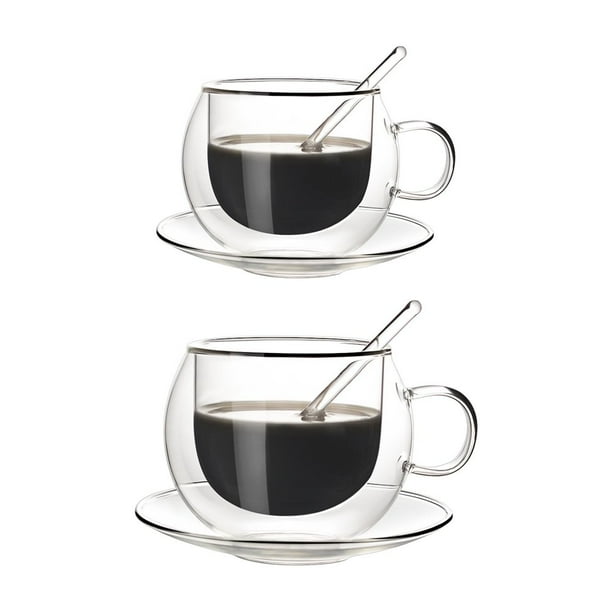 Tasses à Café En Acier Inoxydable Double Paroi - Lot Avec Soucoupes Et Cuillères, 200 Ml - Pour Expresso, Thé, Latte