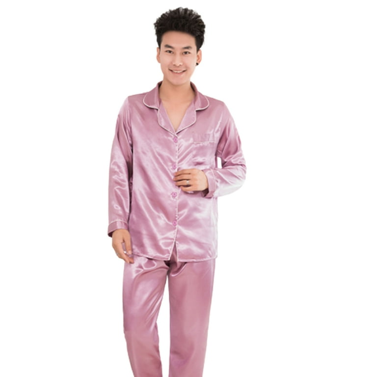 WDIRARA Men's Satin Sleepwear Plaid Button Long Sleeve Shirt and Pants Pajama Set