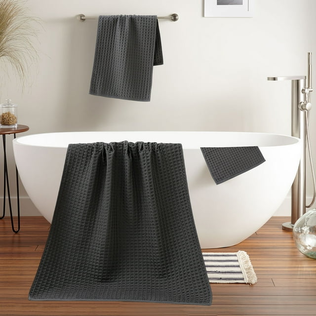 Juego de toallas de baño de 3 piezas, tejido gofrado, 100 % algodón Supima, ultrasuaves, de secado rápido. Toallas de baño (71 x 139 cm), de manos (35 x 78 cm) y facial (35 x 35 cm) (negro).