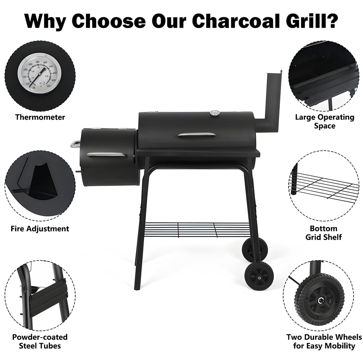 AKIUDEX Outdoor Portable BBQ Charcoal Grill with Offset Smoker for Pit Patio Backyard, Black