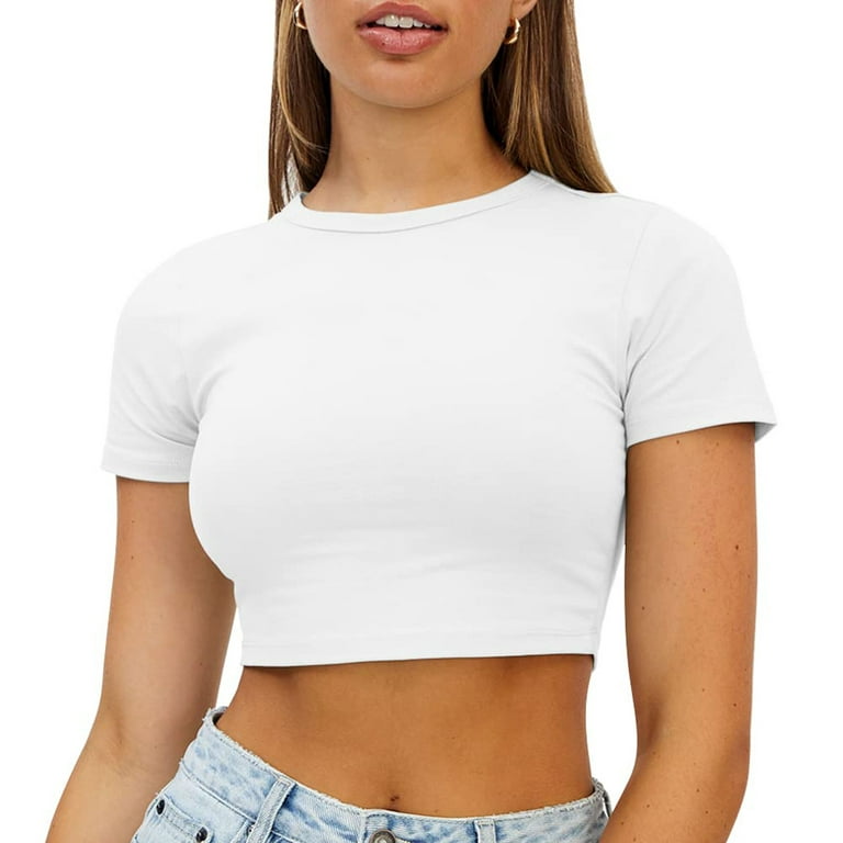 Women Solid Color Crop Tops Rounk Neck Tight Slim Short Sleeve Blouse  Summer Short Cute Trendy Basic T-Shirt 