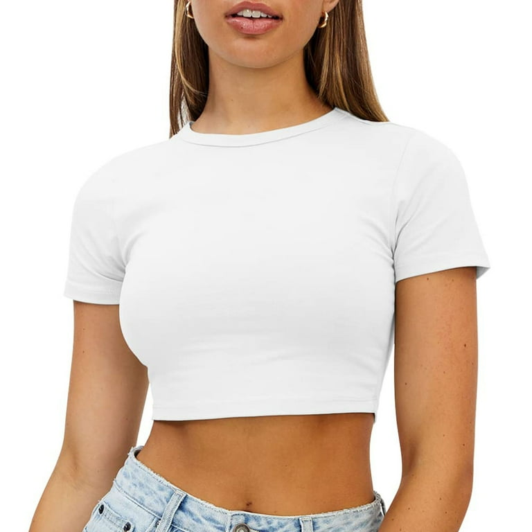 YanHoo Womens Cropped Tops Summer Cute Trendy Short Sleeve Round Neck Basic  Blouse Teens Girls Y2K T-shirts