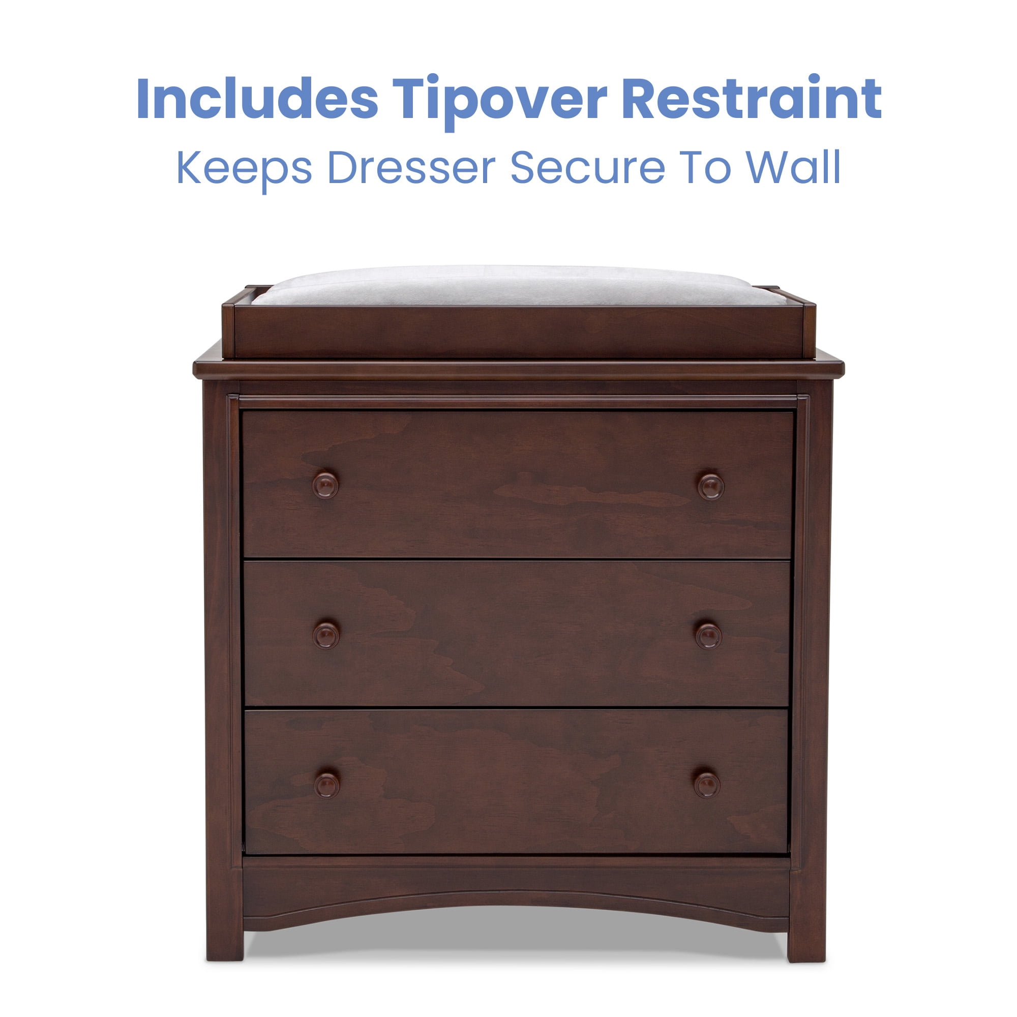 Delta Children Perry 3 Drawer Dresser with Changing Top and Interlocking Drawers, Walnut Espresso