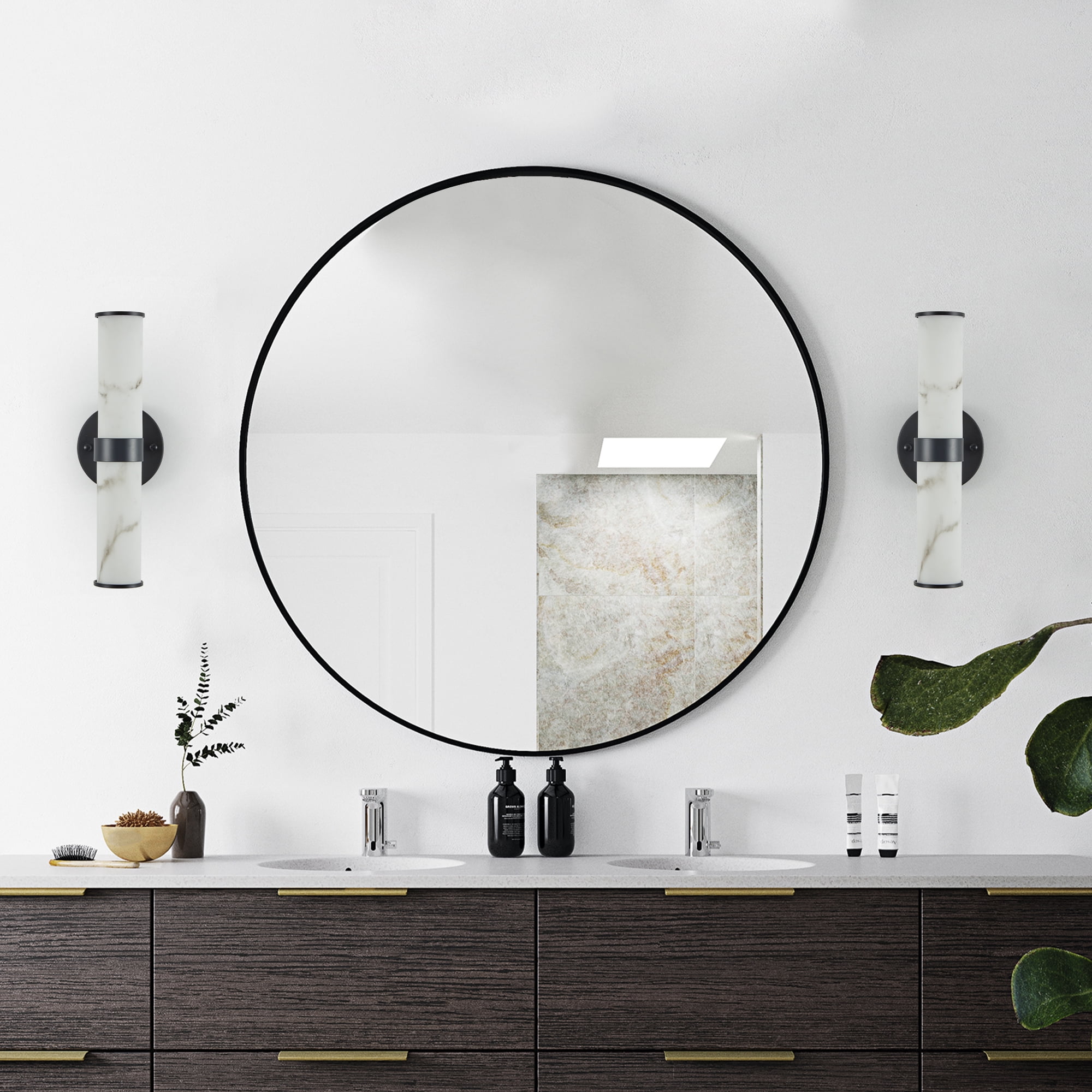 Bathroom Wall Sconces Set of 2, Modern LED Vanity Lights with Faux Marble Resin Shade, Black Wall Mount Fixture for Bedroom, Hallway, Living Room, Integrated 3000K LED