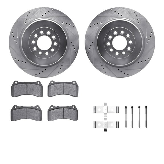 Dynamic Friction Company Front Brake Rotors-Drilled and Slotted-Silver with 5000 Advanced Brake Pads includes Hardware 7512-20009