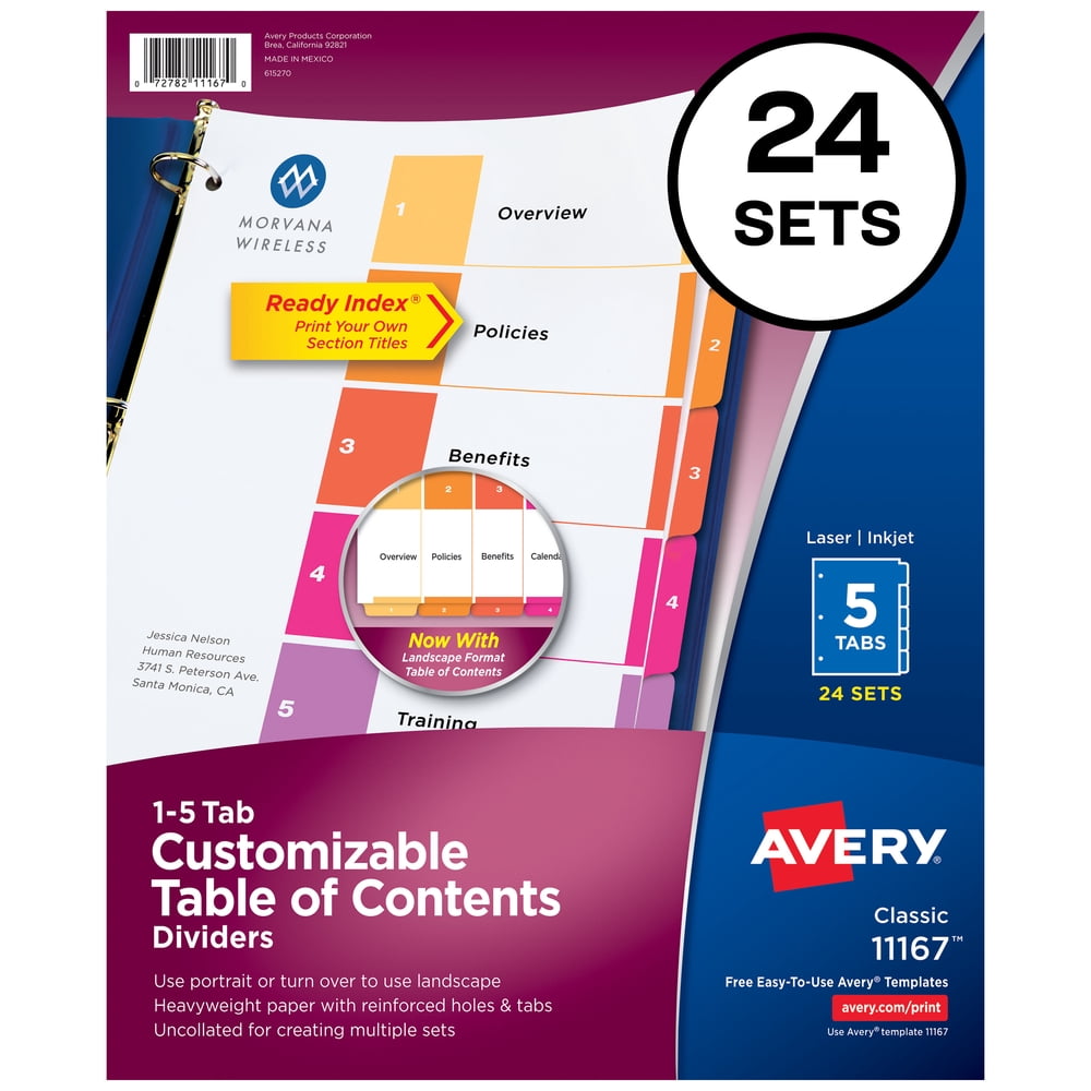 Avery ready index 5 tab binder dividers customizable table of contents