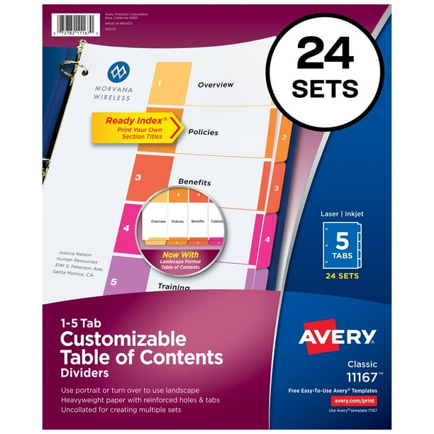 Avery Ready Index 5 Tab Dividers, Customizable TOC, 24 Sets (11167