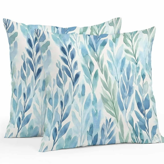 Waterproof Throw Pillow Covers Set of 2, 20x20 Inch Blue Green Leaf Decorative Pillowcases Outdoor Pillow Slip Cushion Covers Set for Couch Tent Summer Vintage Watercolor Plant