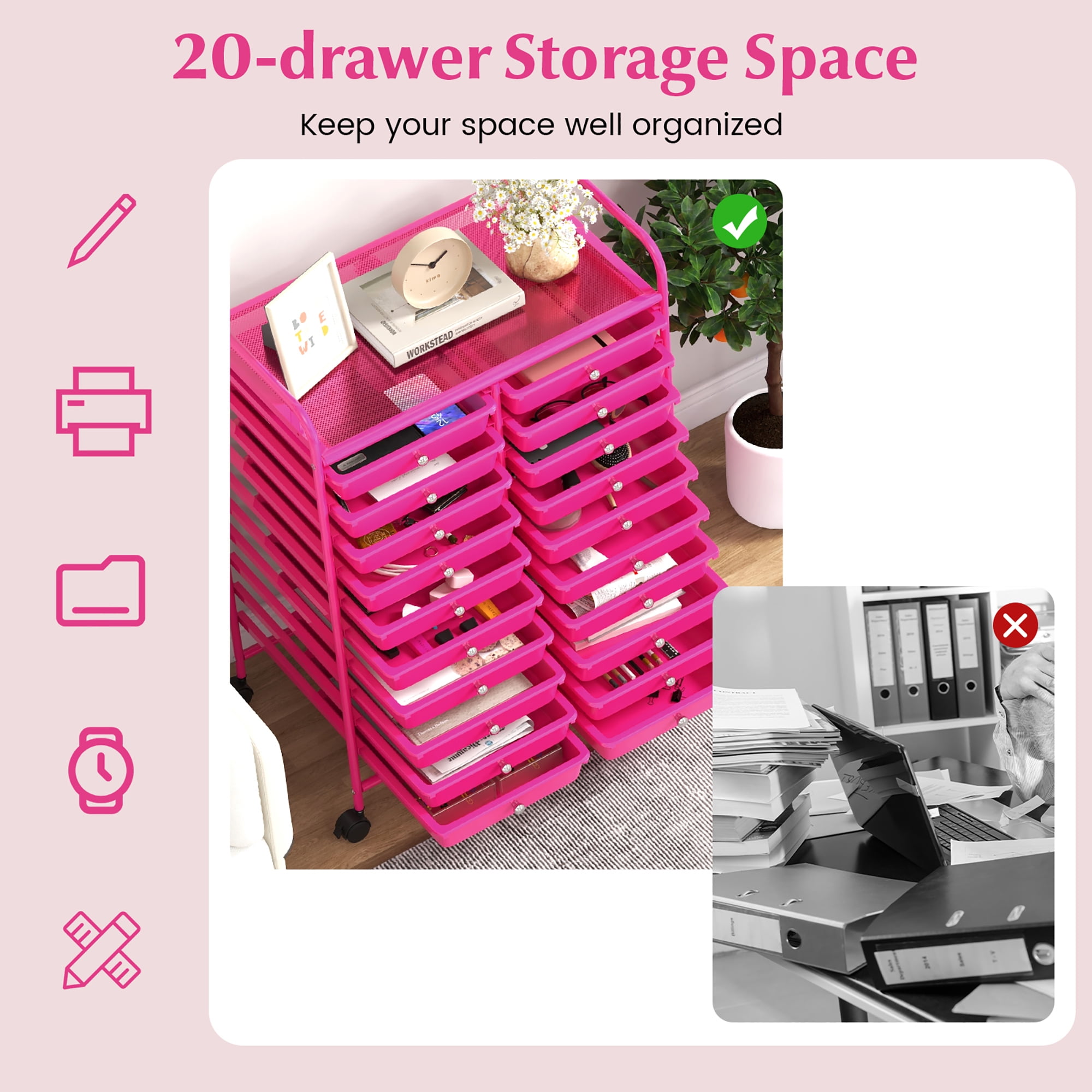 Gymax Rolling Storage Cart Art Craft Organizer on Wheels Multipurpose 20 Drawers Hot Pink