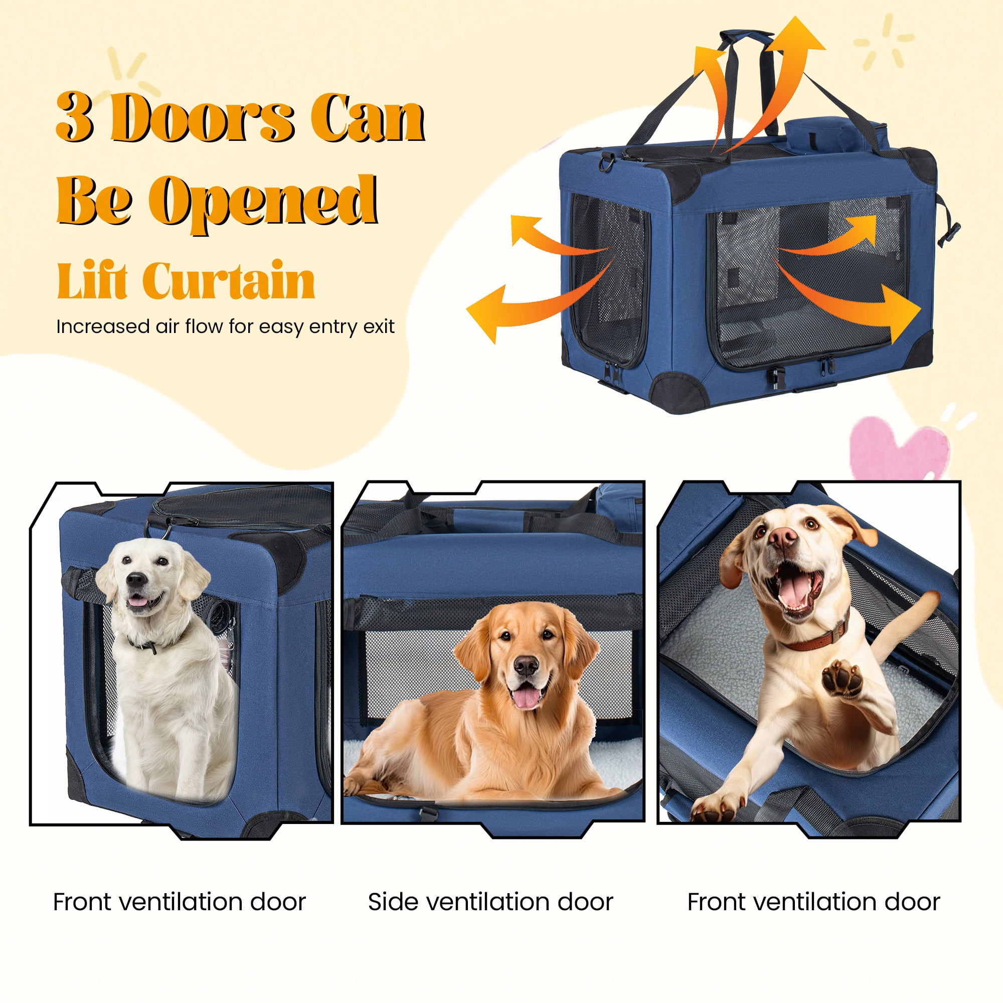 Zephypaws  Portable Dog Crate,36"x25"x25" Collapsible Dog Travel Crate for Medium/Large Dogs with Soft Blanket,Foldable Bowl & Poop Bag Dispenser,Indoor & Outdoor Use,Blue