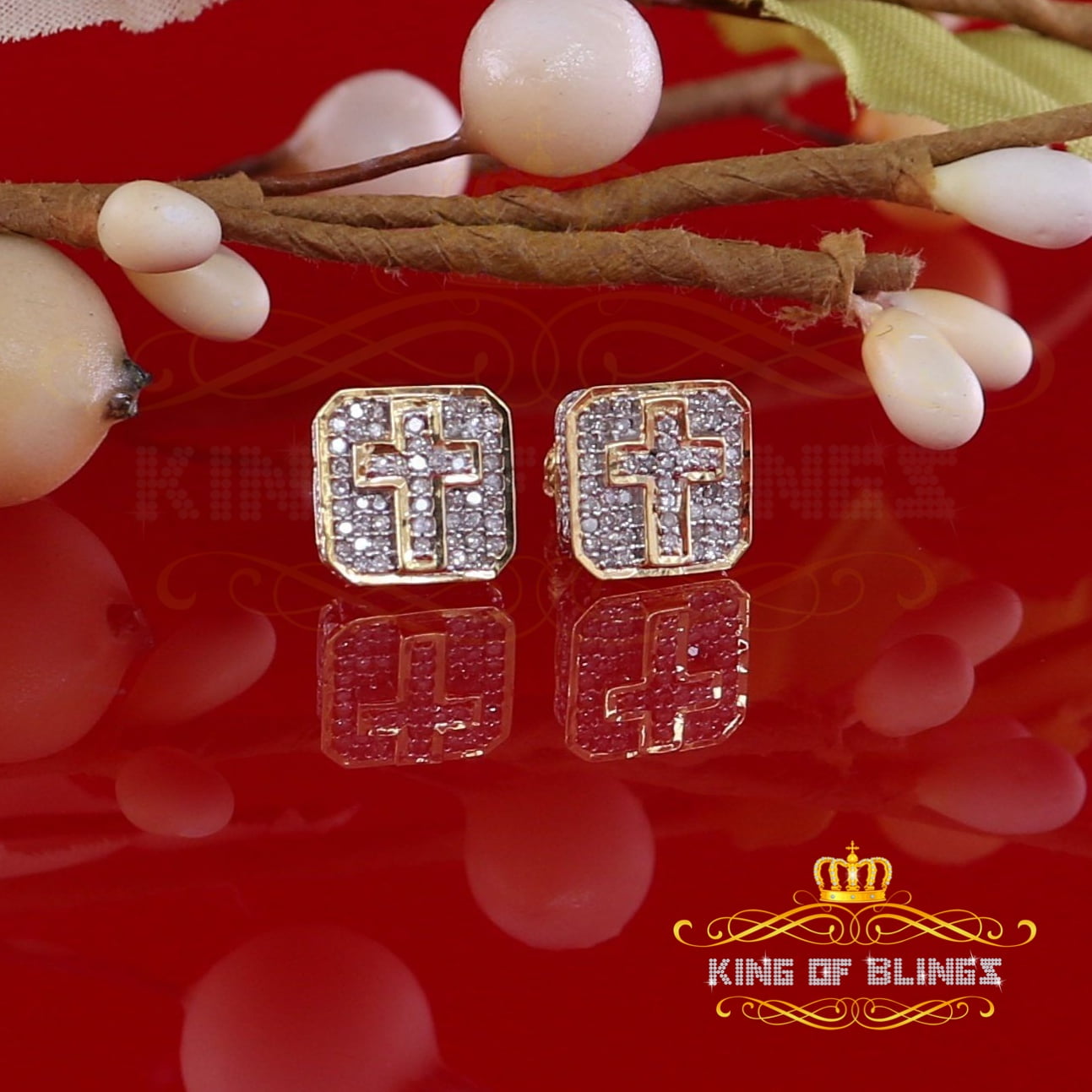 King of Bling's 10K Real Yellow Gold Real Diamond 0.25CT Men's/Women's Square Stud Micro Earring
