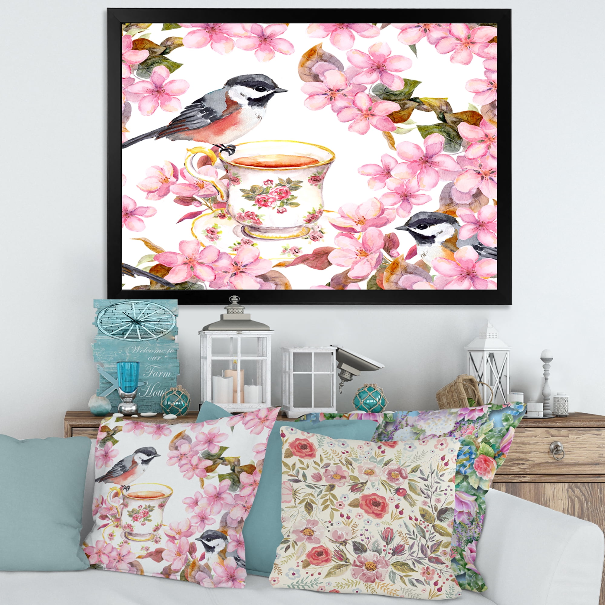Designart 'Tea Cup Birds and Pink Flowers' Traditional Framed Art Print