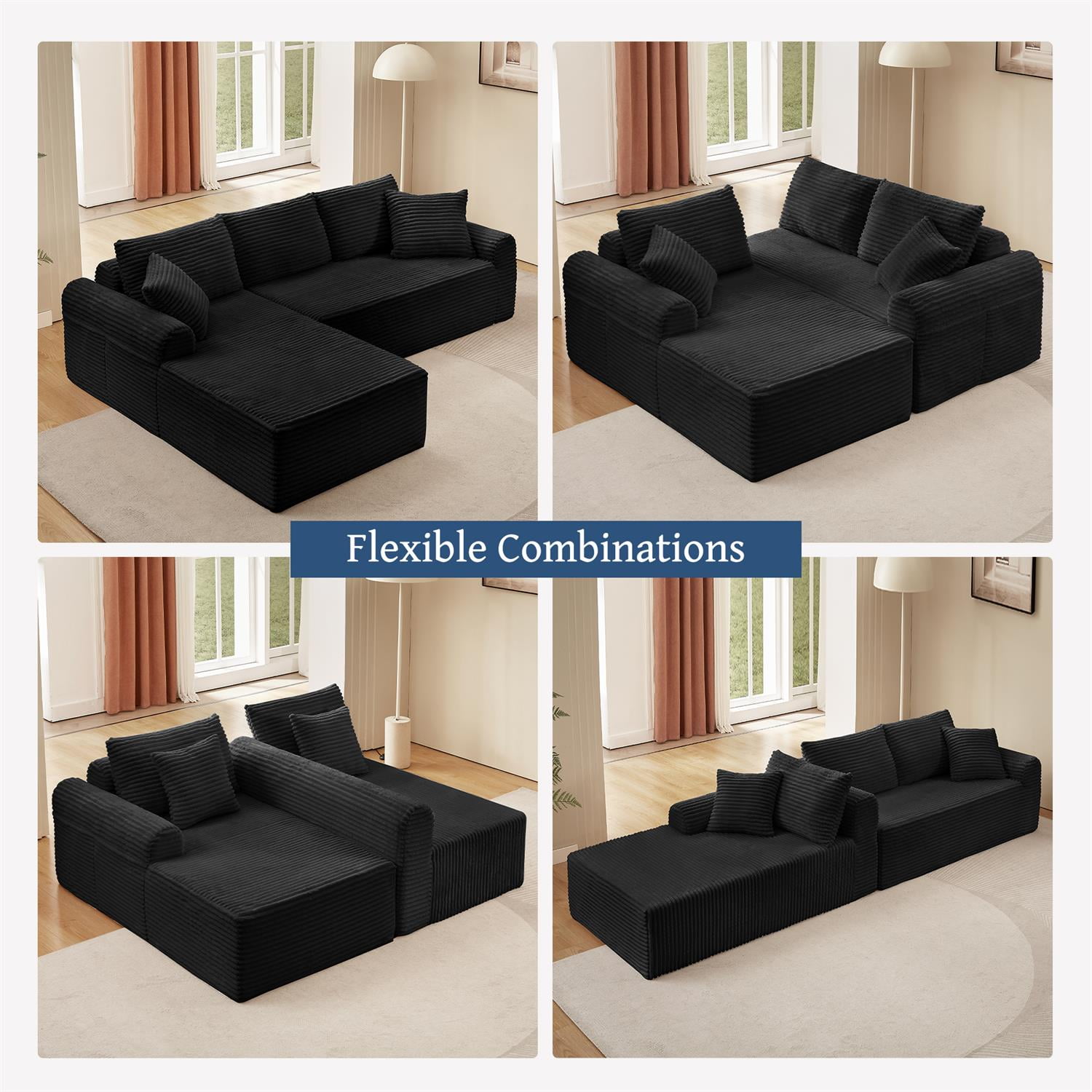 Demi Bonn 103" Cozy Corduroy Sectional Sofa with Arched Armrests, Non-Slip Base, 3 Back Cushions and 2 Throw Pillows, Full-Compression Chaise Lounge Couch Set, Black