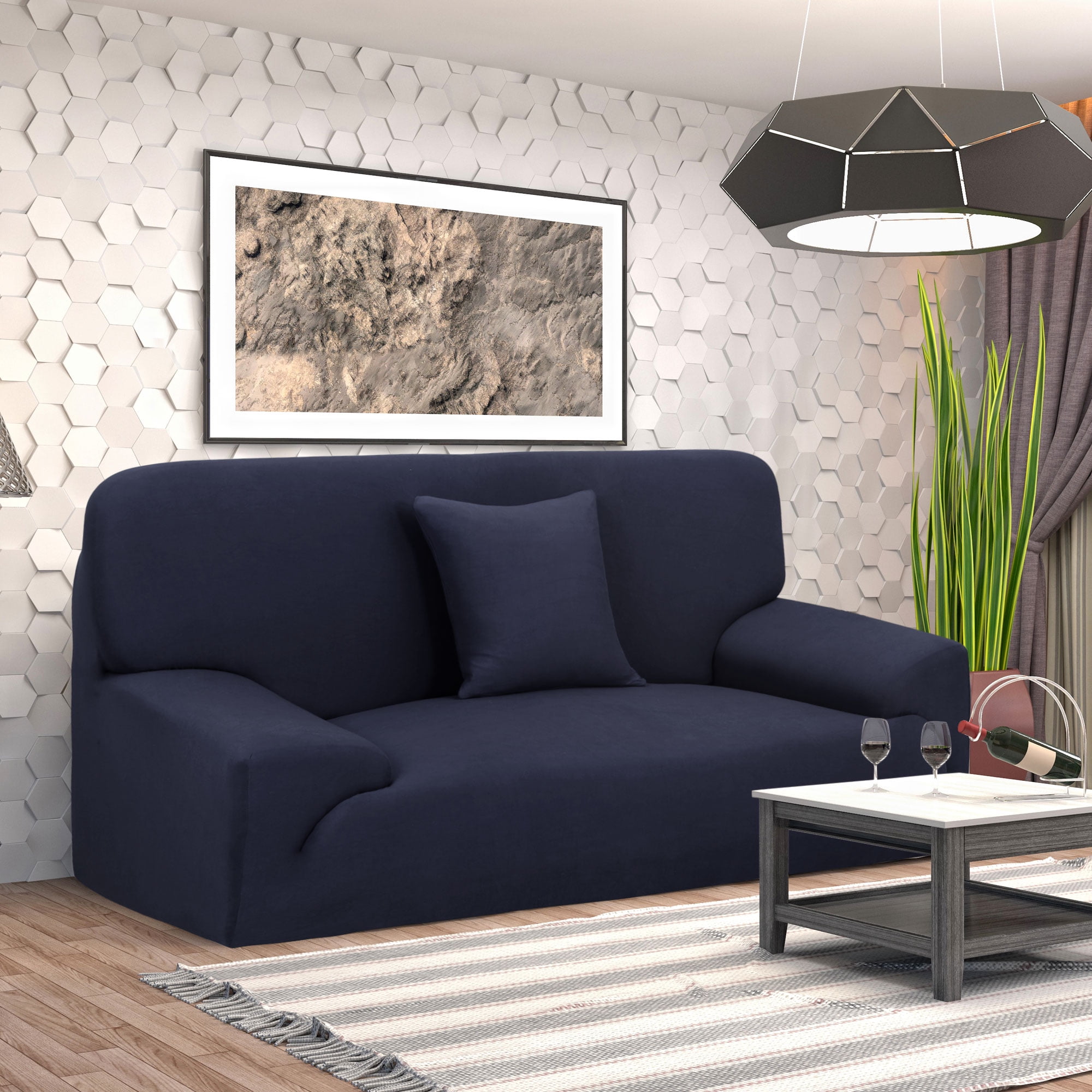 PiccoCasa Thick Stretch Sofa Cover 2 Seater Solid Couch Cover, Dark Blue