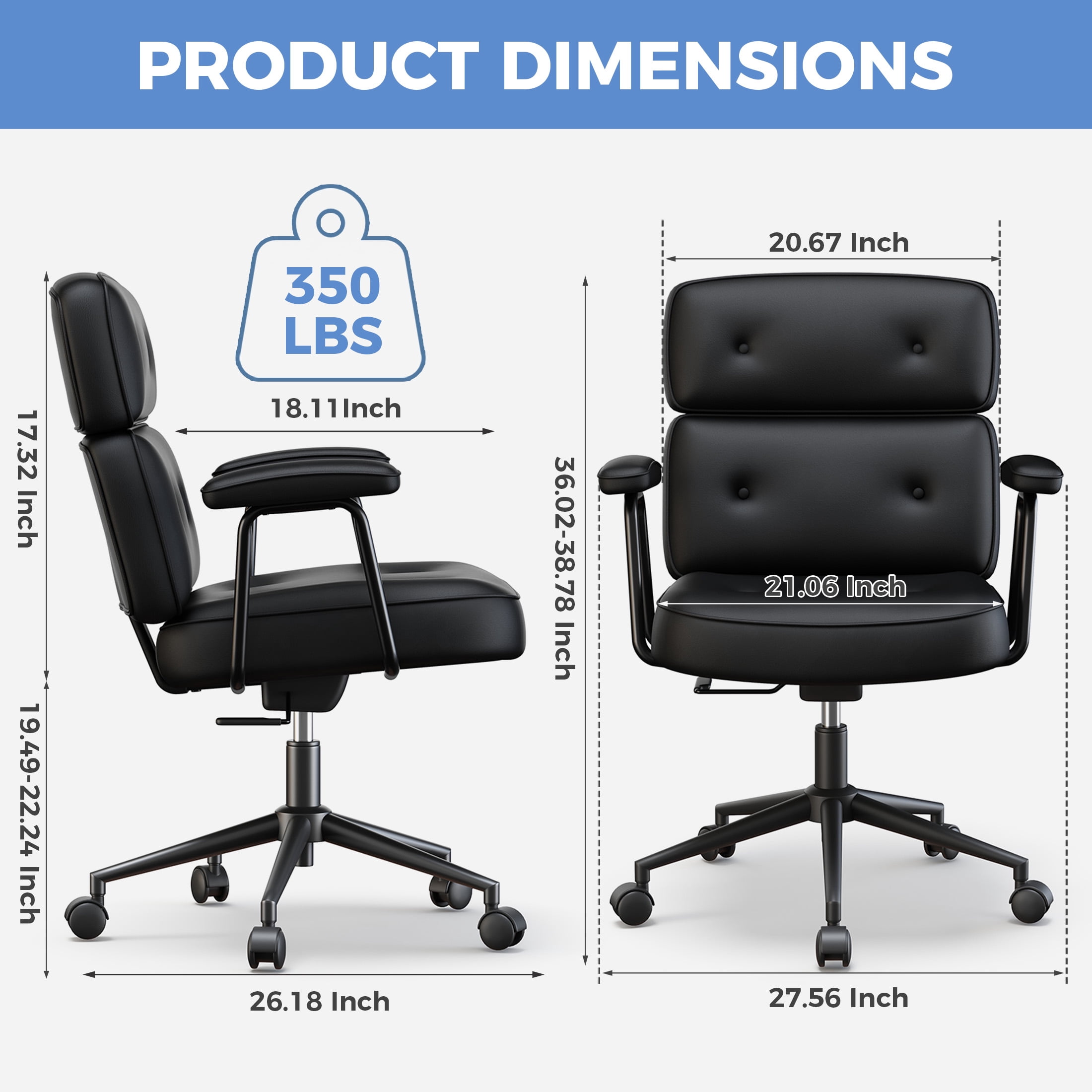 CONCETTA Ergonomic Office Chair, Soft PU Leather Adjustable Task Chair with Lumbar Support and 360° Swivel, Black Gray Green Pink
