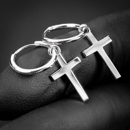 Men’s Solid White Gold Plated 925 Sterling Silver Post Drop Dangle Cross Huggie Hoop Earrings 15mm Lightweight Cross Hoops Dangling Earrings