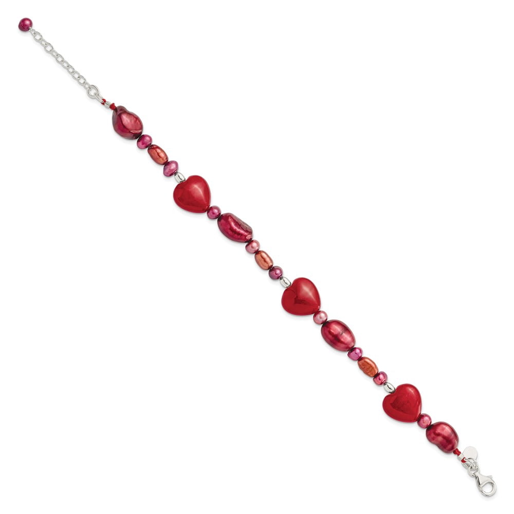 Sterling Silver Bracelet Pearl Women's mm 17 in Red Jade Hearts/FW Cultured