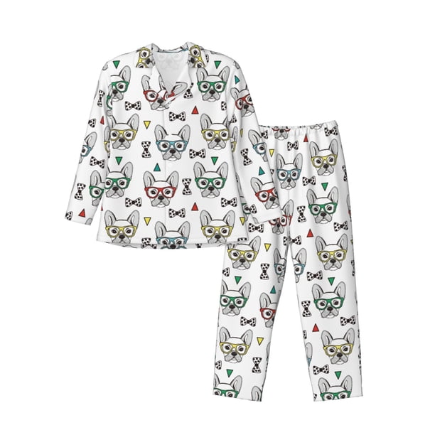 Fotbe Cute French Bulldog Pijama de Hombre con Estampado de Manga Larga, Conjunto de 2 Piezas, Ropa de Dormir Suave y Cómoda con Bolsillos-Large